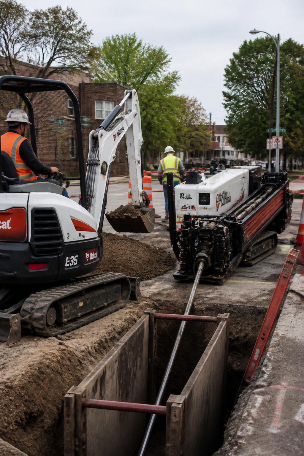 Compact mini excavator and small boring rig at a road utility worksite