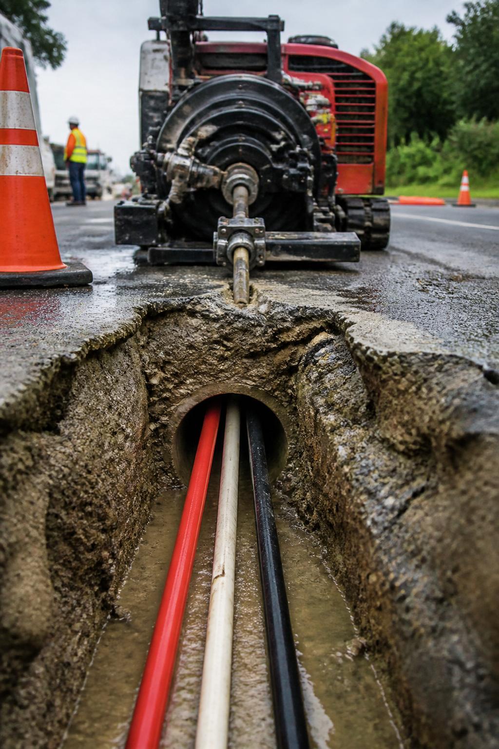 Utility pipes being pulled through a horizontal bore under a road